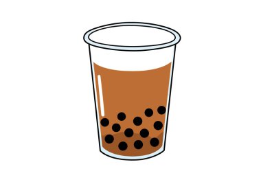 Boba sütlü çay klipsi. Altında siyah tapyoka incileri olan bir fincan kahverengi sütlü çay. Çizim tasarımı.