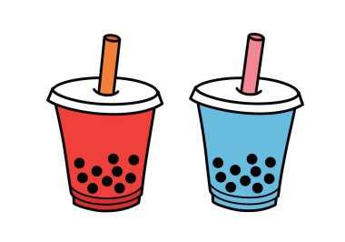 Boba çay klipsi sanatı. İki bardak boba çayı, biri turuncu pipetli kırmızı ve biri pembe pipetli, her biri siyah tapyoka incili. Çizim tasarımı.