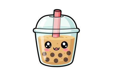 Şirin boba klip parçası. Bu resim, gülümseyen yüzlü ve pembe yanaklı bir kawaii tarzı boba çayı bardağını gösteriyor. Çizim tasarımı.