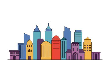 Skyline Clipart oluşturuluyor. Değişik şekil ve boyutlarda renkli binalar. Çizim tasarımı.