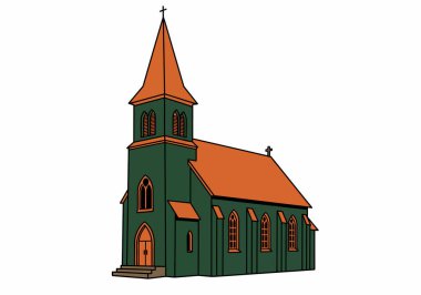 Kilise klip sanatı. Turuncu çatılı ve çan kulesi olan yeşil bir kilise. Çizim tasarımı.