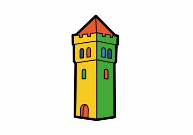 Kule tırmanışı. Kırmızı çatılı, sarı ve yeşil duvarlı, mavi ve turuncu pencereli renkli bir kule. Çizim tasarımı.
