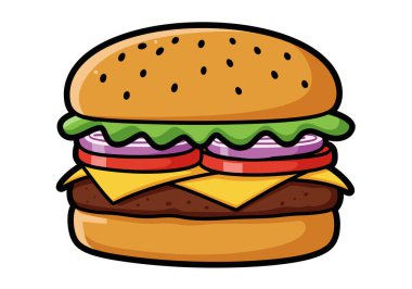 İyi-burger-klipsi. Bu resim renkli ve iştah açıcı bir hamburgeri gösteriyor. Marul, soğan, domates, peynir ve etli börek. Çizim tasarımı.
