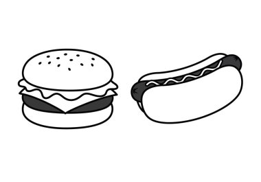 Hamburger sosisli sandviç, siyah beyaz clipart. Bu resim siyah beyaz bir hamburger ve sosisli sandviç gösteriyor. Çizim tasarımı.