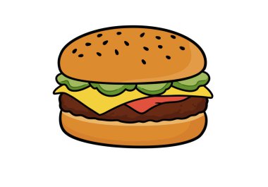 Yengeç Burger Clipart. Susamlı çörek, marul, peynir, domates ve etli börek ile çizgi film tarzı bir burger. Çizim tasarımı.