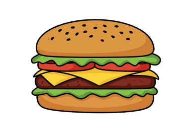 Sığır burger klipsi. Bu resim peynirli, marullu ve domatesli lezzetli bir sığır burger gösteriyor. Çizim tasarımı.