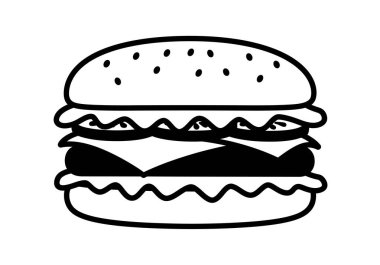Siyah beyaz hamburger klipsi. Bu resim, siyah ve beyaz olarak susamlı çörek, köfte, marul ve peynirli basit bir hamburgeri gösteriyor. Çizim tasarımı.