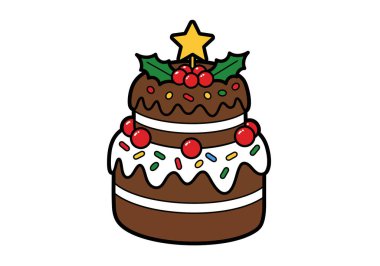 Noel pastası klibi. Bu resim üzerinde yıldız olan süslü bir Noel pastası, kutsal yapraklar, kırmızı böğürtlenler ve renkli süslemeler gösteriyor. Çizim tasarımı.