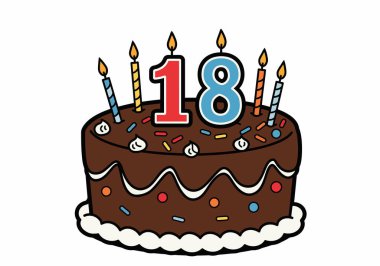 18. yaş günü pastası. Renkli süslemelerle süslenmiş çikolatalı pasta, altı yanan mum, ve 18 numara kırmızı ve mavi. Çizim tasarımı.
