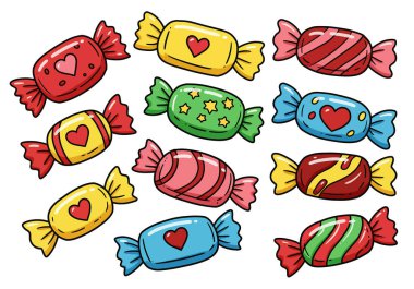 Şeker gram clipart. Bu resim çeşitli dizayn ve kalıplara sahip renkli paketlenmiş şekerlemeleri gösterir. Çizim tasarımı.