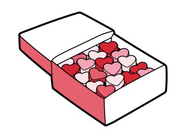 Şeker kalp klipsi. Kırmızı, pembe ve açık kapaklı açık pembe kalp şeklinde şekerlemelerle dolu bir kutu. Çizim tasarımı.