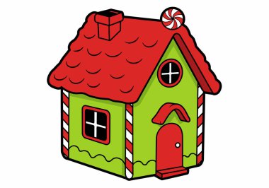 Şeker evi zirvesi. Kırmızı çatılı, yeşil duvarlı ve şekerleme dekorasyonlu tuhaf bir ev. Çizim tasarımı.