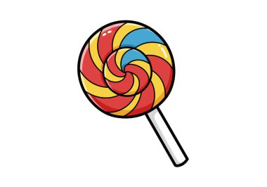 Clip art lolipopu. Beyaz çubukta kırmızı, sarı ve mavi çizgileri olan renkli bir girdap lolipopu. Çizim tasarımı.