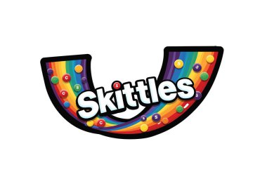 Skittles 'a tırman. Bu resim renkli bir gökkuşağı, Skittles şekerleri ve Skittles logosu gösteriyor. Çizim tasarımı.