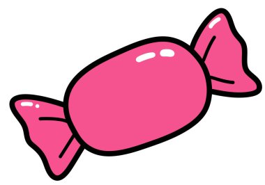 Pembe şeker klipsi sanatı. Bu resim, temiz siyah çizgileri olan parlak bir ambalaja sarılmış pembe bir şekeri tasvir ediyor. Çizim tasarımı.