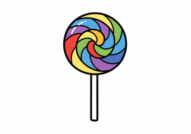 Gökkuşağı lolipop klibi. Renkli, kıvrımlı bir lolipop, beyaz bir sopa ve parlak, canlı bir yüzey. Çizim tasarımı.
