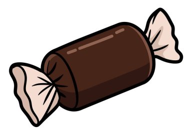 Tootsie Roll klip sanatı. Bu resim kahverengi silindirik bir şekeri, bükülmüş uçları ve parlak bir ambalajı gösteriyor. Çizim tasarımı.