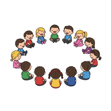 Çember zaman klipsi sanatı. Bu resim, grup tartışmaları veya hikaye anlatımları için bir sınıf aktivitesini gösteren bir grup çocuğun bir çemberde oturduğunu gösteriyor. Çizim tasarımı.