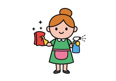 Çizgi film temizlikçisi Clipart. Yeşil elbiseli ve pembe önlüklü neşeli bir kadın elinde kırmızı bir bez ve mavi bir sprey şişeyle temizliğe hazır bekliyor. Çizim tasarımı.