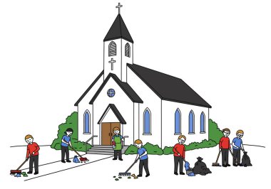 Kilise klipsleri temizliyor. İnsanlar kilisenin önünde süpürgeler ve çöp torbalarıyla birlikte çalışıyor, temizliği ve toplum ruhunu teşvik ediyorlar. Çizim tasarımı.