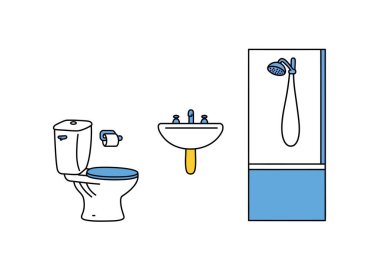 Temiz tuvalet klipsi sanatı. Bu görüntü, tuvalet, lavabo ve duş ile temiz bir banyo düzenini gösteriyor. Hijyen ve hijyeni ön plana çıkarıyor. Çizim tasarımı.