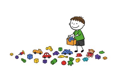 Makas sanatı oyuncakları temizler. Bir çocuk oyuncakları bir kutuya koyup temizliyor, organizasyon ve sorumluluk sergiliyor. Çizim tasarımı.