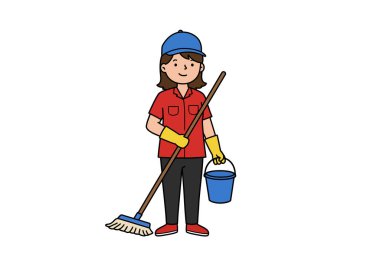 Oda servisi klipsi sanatı. Kırmızı tişörtlü, siyah pantolonlu ve mavi şapkalı biri elinde paspas ve kova tutuyor. Temizlik ve bakımı simgeliyor. Çizim tasarımı.