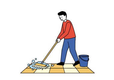 Yerleri paspaslıyorum. Kırmızı gömlekli ve mavi pantolonlu biri yakınlarda bir kovayla fayanslı zemini paspaslıyor. Çizim tasarımı.