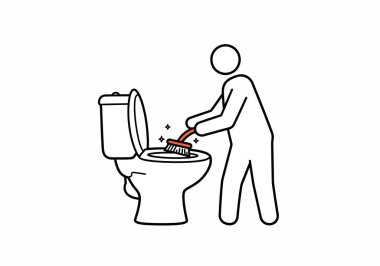 Tuvalet temizleme borusu klipsi. Bir insan minimalist tarzda bir fırçayla klozeti ovalıyor. Çizim tasarımı.
