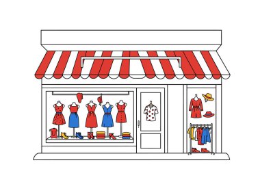 Clipart giyim mağazası. Mankenler vitrinde kırmızı ve mavi elbiseler, ayakkabılar, şapkalar ve aksesuarlar sergiliyor. Çizim tasarımı.