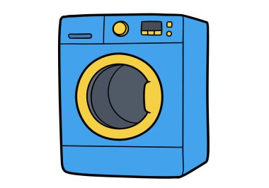 Çamaşır kurutma makinesi. Bu resim, kontrol paneli ve dijital ekranlı mavi ve sarı önden yükleme çamaşır kurutma makinesini gösteriyor. Çizim tasarımı.