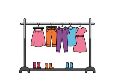 Askılık değiştirme sanatı. Pembe etek, turuncu pantolon, mor tulum, mavi gömlek, pembe elbise ve bir askıda üç çift ayakkabı. Çizim tasarımı.