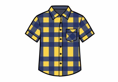 Flanel gömlek klipsi sanatı. Bu resim kısa kollu, düğmeli flanel gömlek, sarı ve mavi kareli desenli ve ön cepli. Çizim tasarımı.