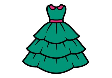 Süslü elbise klipsi. Pembe aksanlı yeşil bir elbise ve katmanlı bir etek. Çizim tasarımı.