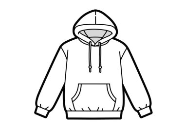 Kapüşonlu kapüşonlu sweatshirt klipsi. Bu resim, kapüşonlu bir sweatshirt 'ün ön cebi ve askılı telleri olan basit bir siyah beyaz taslağını gösteriyor. Çizim tasarımı.