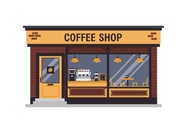 Clip Art Kafe 'de. Bu resim sarı ve kahverengi dış görünüşlü bir kahve dükkanı, büyük pencereler ve masalar, sandalyeler ve kahve ekipmanları gibi görünür iç unsurları gösteriyor. Çizim tasarımı.