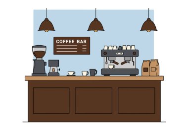 Kafe klipsi sanatı. Bu resim çeşitli ekipman, kahve fincanı, fasulye ve dekorla modern tarzda hazırlanmış bir kafe barını gösteriyor. Çizim tasarımı.