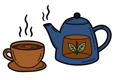 Kahve ve çay tokası sanatı. Bu resim, bir çaydanlığın yanında yaprak desenli dumanı tüten bir fincan kahve gösteriyor. Çizim tasarımı.