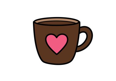 Kalpli kahve kupası Clipart. Kahverengi bir kahve fincanı üzerinde pembe bir kalp, kahve dolu, rahat ve büyüleyici bir tasarım sergiliyor. Çizim tasarımı.