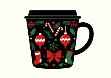 Holiday Coffee Clipart 'ta. Noel temalı şeker kamışı, süs eşyası ve kutsal yapraklarla süslenmiş kapaklı sade bir kahve fincanı. Çizim tasarımı.