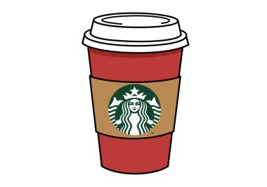 Starbucks kahve klipsi sanatı. Üzerinde yeşil Starbucks logosu olan beyaz kapaklı ve kahverengi kollu kırmızı bardak. Çizim tasarımı.