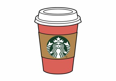 Starbucks Kahve Keki Sanatı. Beyaz kapaklı kırmızı bardak ve Starbucks logosu olan kahverengi kollu. Çizim tasarımı.