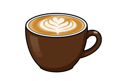 Clipart cappuccino. Bu resim üzerinde latte sanat olan kahverengi bir bardak kapuçino gösteriyor. Çizim tasarımı.
