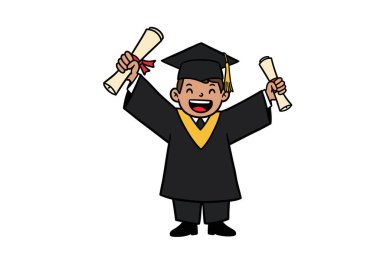 Clip Art Tebrikler Mezun. Başlık ve cübbe içinde diploma taşıyan bir mezun, başarıyı ve kutlamayı simgeliyor. Çizim tasarımı.