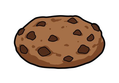Chips Ahoy klipsi. Bu resim, yüzeyine birkaç çikolata parçacığı saçılmış çikolatalı kurabiyeyi gösteriyor. Çizim tasarımı.
