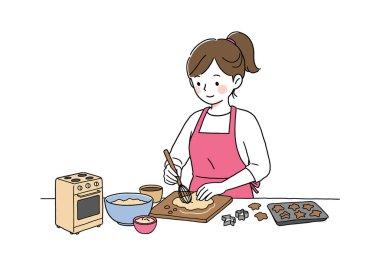 Kurabiye yapma sanatı. Pembe önlüklü bir kadın kesme tahtasında çırpma ve hamur kullanarak kurabiye pişiriyor. Çizim tasarımı.