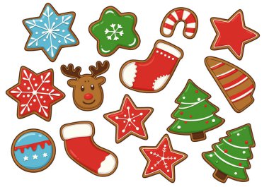 Noel şekeri klipsi. Bu resim farklı şekil ve renklerde çeşitli Noel temalı şekerli kurabiyeleri gösteriyor. Çizim tasarımı.