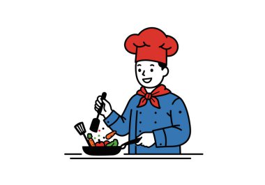 Yemek pişirmenin bir parçası. Kırmızı şapkalı ve mavi üniformalı bir şef spatulayla tavada sebze pişiriyor. Çizim tasarımı.