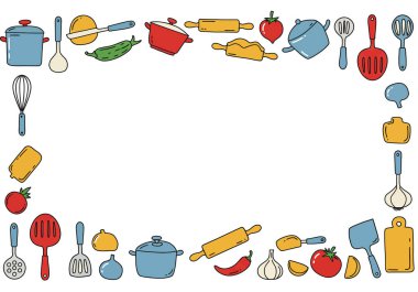 Aşçılık sınırında tırmanış. Bu resim çeşitli mutfak aletlerinden ve domates, limon ve spatula gibi yiyecek malzemelerinden oluşan bir sınır gösteriyor. Çizim tasarımı.