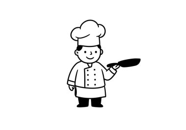 Aşçı Aşçısı Clipart. Bir şef bir tava tutuyor ve şef şapkası ve üniforması giyiyor. Çizim tasarımı.